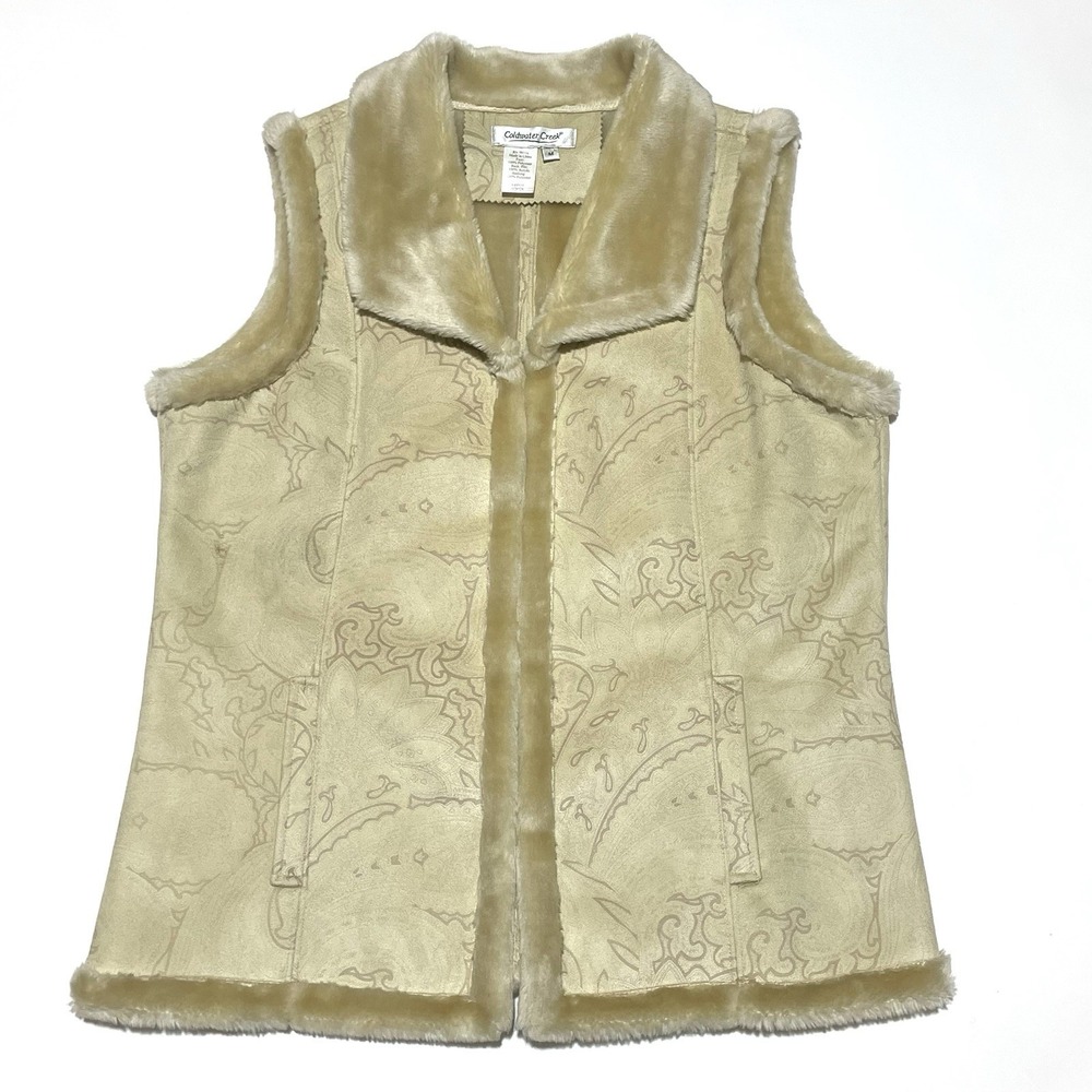 Coldwater Creek Paisley Faux Suede Faux Fur Vest Women's Medium Beige